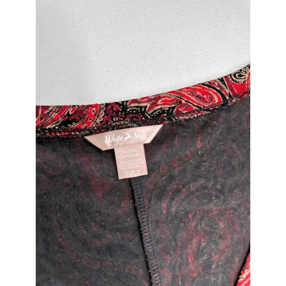 White Stag Womens 3X/22-24 Red &‎ Black Paisley Short Sleeve Top Boho Western